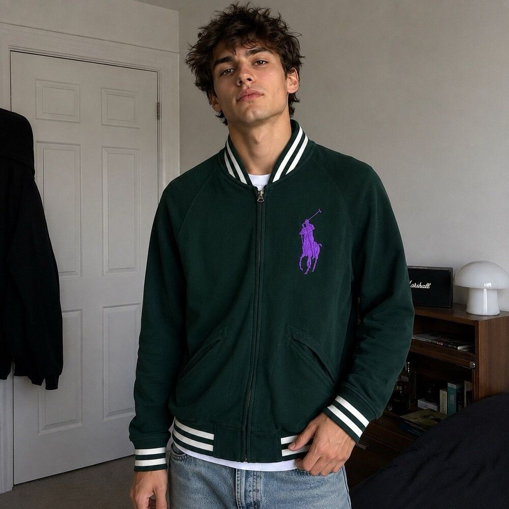Polo Ralph Lauren Big Pony Track Jacket Men’s Small Green Full Zip Bomber Purple